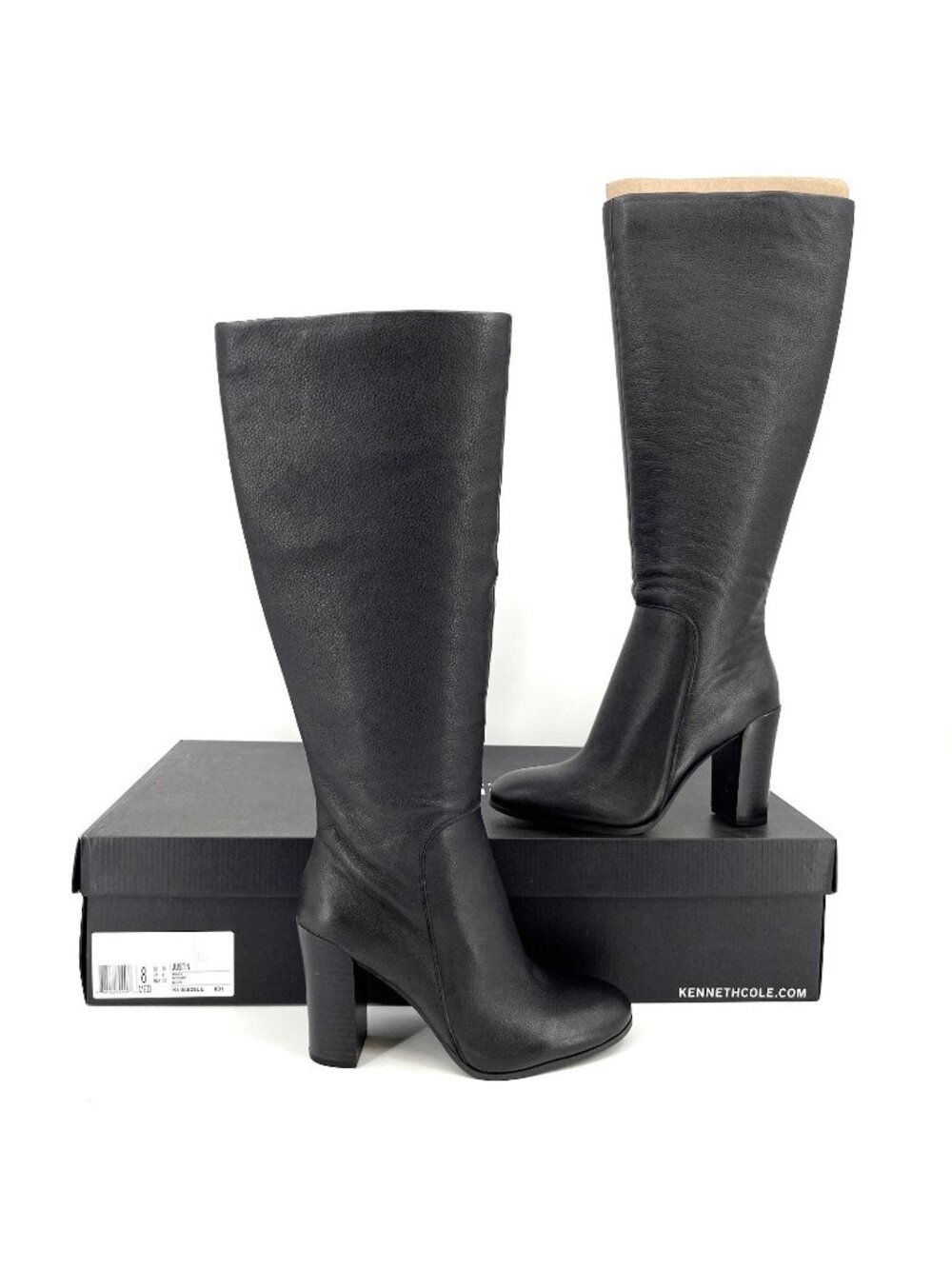 Kenneth Cole Justin Black Leather Boots Size 8M Knee High Zip Block Stacked Heel